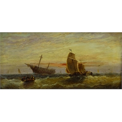  William Anslow Thornley (British fl.1858-1898): Fishing Boats and Distressed Sailing Ship, oil on canvas signed 19cm x 39cm  