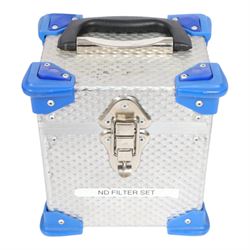 Set of ten 4x5.65 inch filters, comprising seven LEE ProGlass Cine ND filters from 1-7 stops, one Nisi optical flat and two Schneider true-pol polarisers, in flight case with pouches and Tiffen 4x4 filter tray