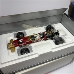 A-Model Classic Models - three 1:18 scale die-cast models of racing cars comprising Lotus 49B U.S.A. G.P. 68 Mario Andretti, Lotus 72D 'JPS' Winner British G.P. 72 Emerson Fittipaldi and Lotus 49 Winner British G.P. 67 Jim Clark, all boxed (3)