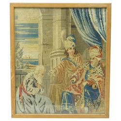 Set of five Victorian petit point needlework samplers, depicting various religious and continental scenes, framed, largest including frame 63cm x 56cm (5)