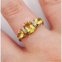 9ct gold three stone oval citrine and diamond ring, hallmarked 