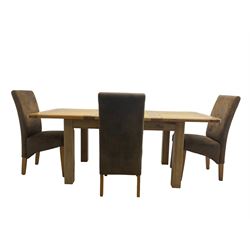 Contemporary oak extending dining table, rectangular top with canted corners on square supports, with two additional leaves (W133cm D93cm H78cm); and set four high back dining chairs, upholstered in brown faux suede (W46cm H103cm)