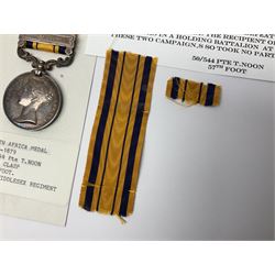 Victoria South Africa Medal (Zulu Wars) 1877-79 with 1879 clasp awarded to 50/544 Pte. T. Noon 57th Foot (West Middlesex regiment); with replacement ribbon but original ribbon present