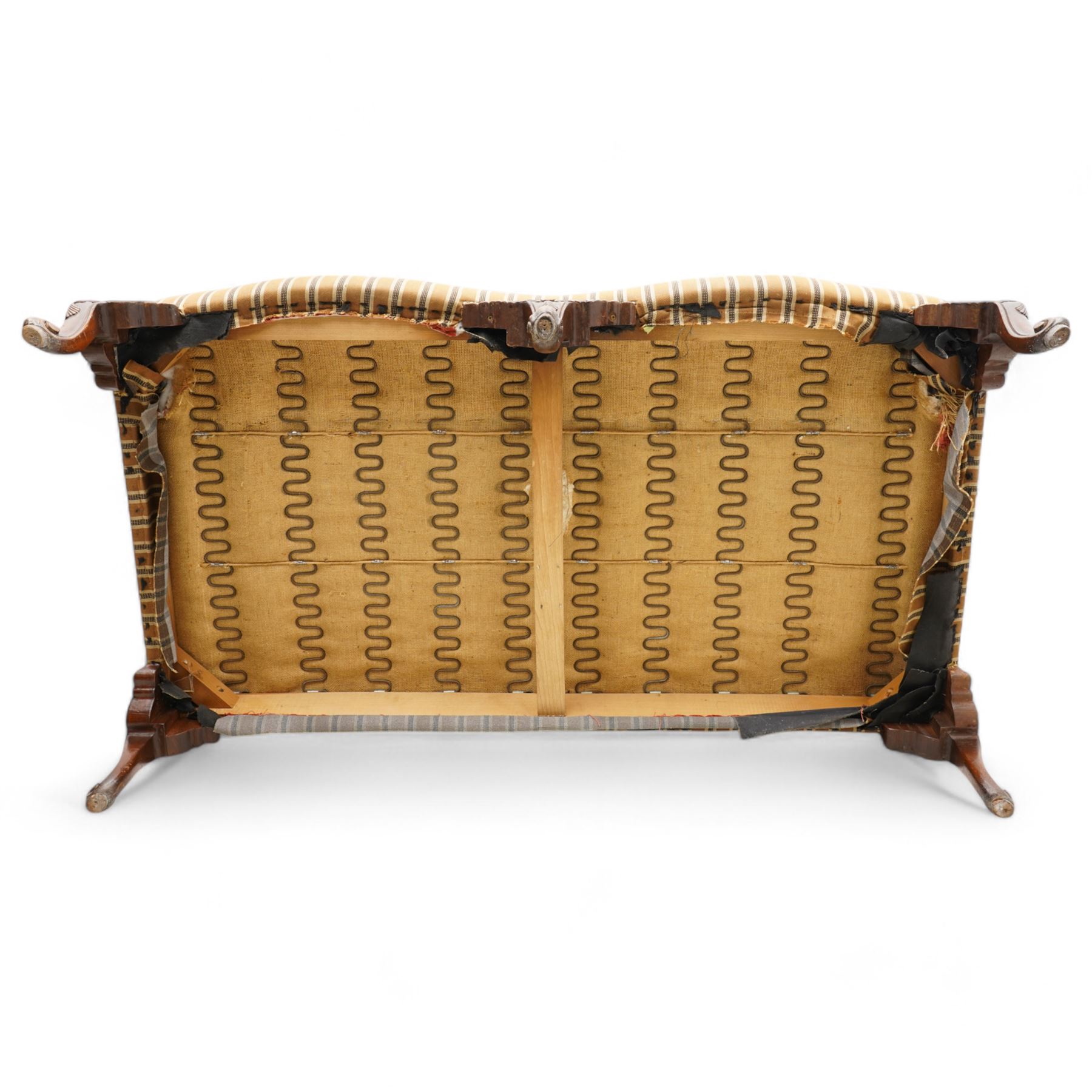 Chippendale design hardwood-framed settee, arched back over rolled arms and serpentine seat, upholstered in striped fabric, on shell and foliate carved cabriole supports with scrolled terminals, together with matching scatter cushions 