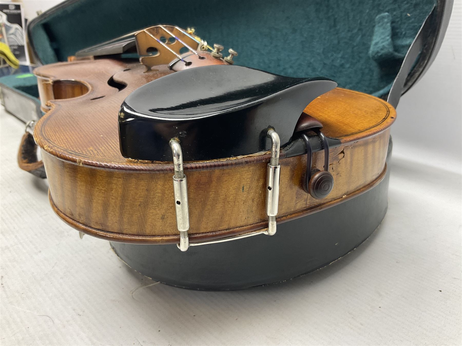 French violin c1900 labelled Guadagnini with 35.5cm two-piece maple back and ribs and spruce top, labelled 'Joannes Baptista Guadagnini Pla Centinus Fecit Mediolani 17**' L59cm overall; in hard carrying case