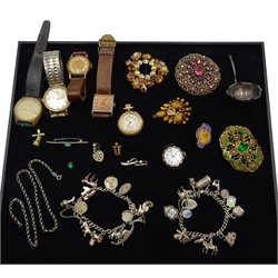 Charles Horner silver brooch, Chester 1909, two silver charm bracelets, silver manual wind wristwatch and a silver chain, all stamped or tested and a collection of Vintage costume jewellery and wristwatches 