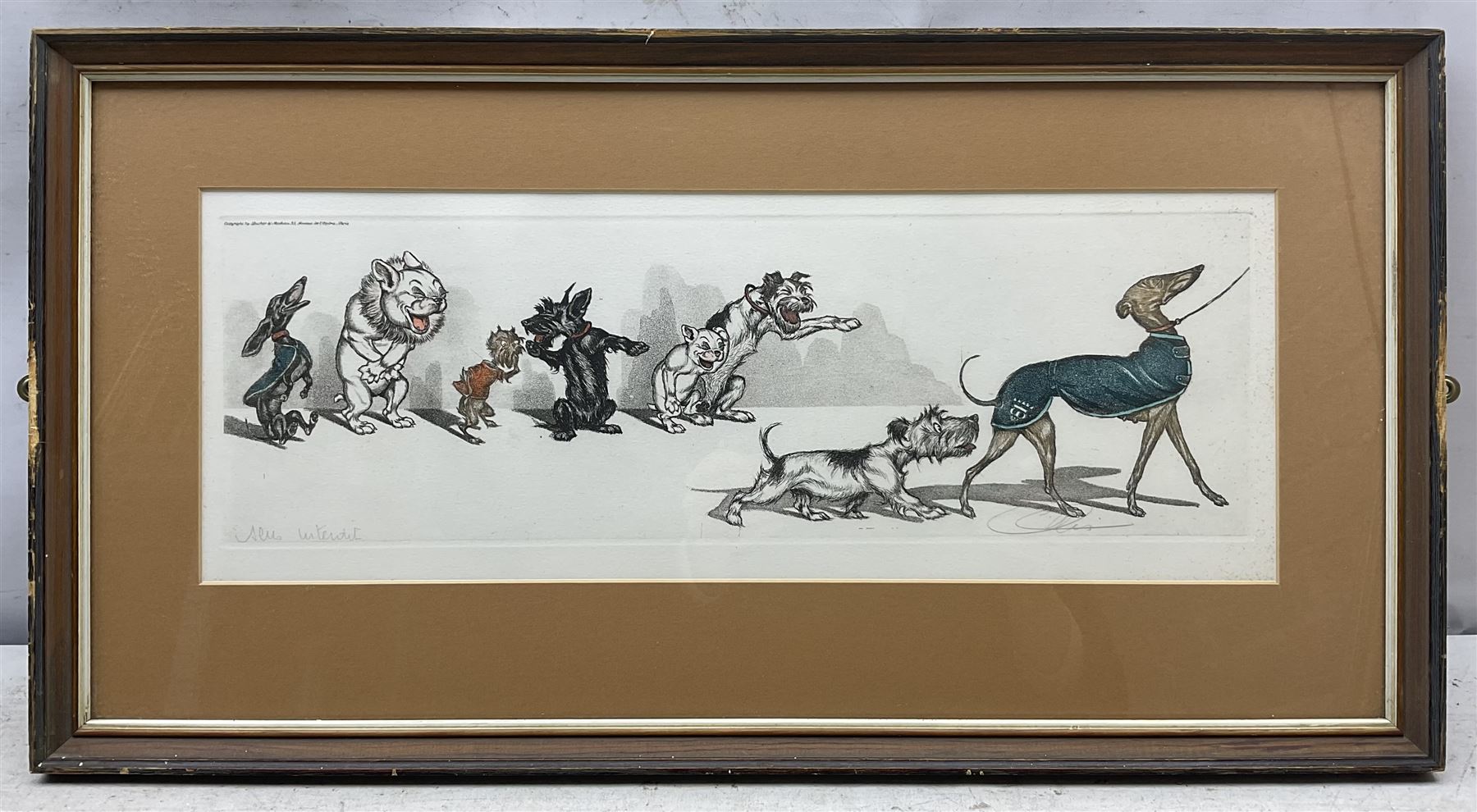 Arthur 'Boris' Klein (French 1893-1985): The Dirty Dogs of Paris, set of four etchings with hand colouring, titled respectively and signed in pencil 16cm x 45cm (4)