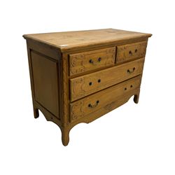 French design hardwood chest, rectangular top with moulded edge over two short and two long drawers with carved scrolling foliate decoration, flanked by carved acanthus leaf columns, on bracket supports