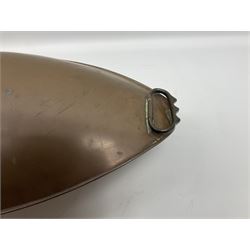 Victorian copper carriage foot warmer of flattened oval form with two carrying handles, L70cm