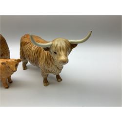 Beswick Highland family group, comprising bull model no 2008, cow model no 1740, and calf model no 1727d.