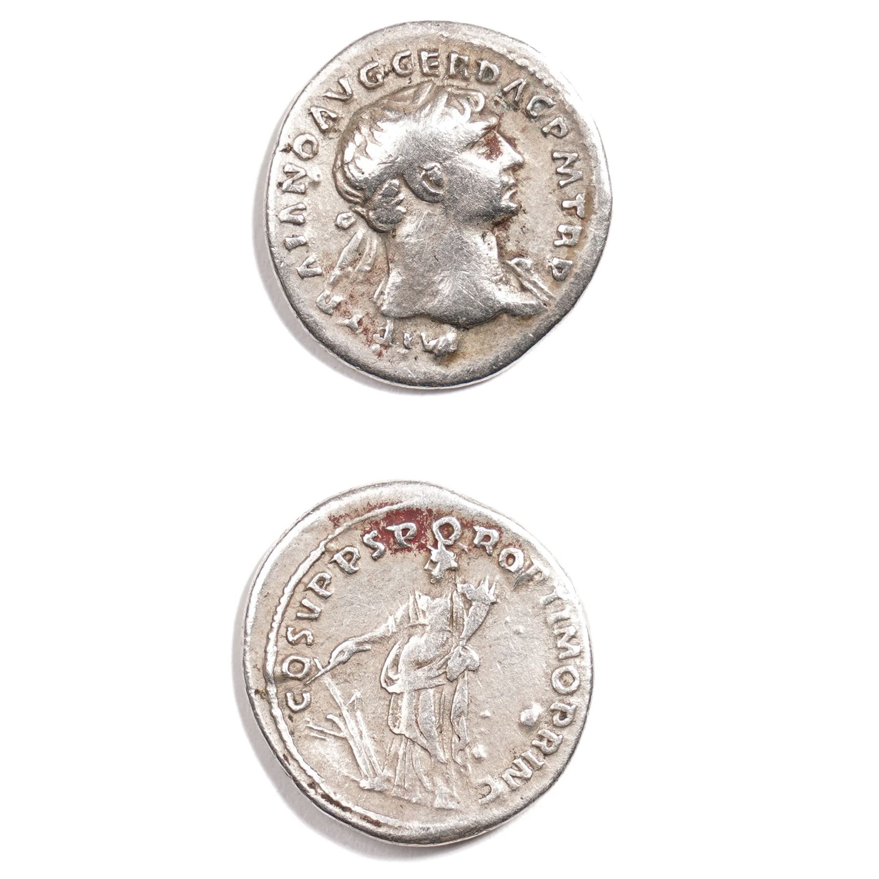 Roman Empire - Trajan (AD 98-117): Silver Denarius coin, obverse laureate head of Trajan right, legend IMP TRAIANO AVG GER DAC P M TR P; reverse Fortuna standing left, holding rudder and cornucopia, legend SPQR OPTIMO PRINCIPI; AD 103-111, Rome mint