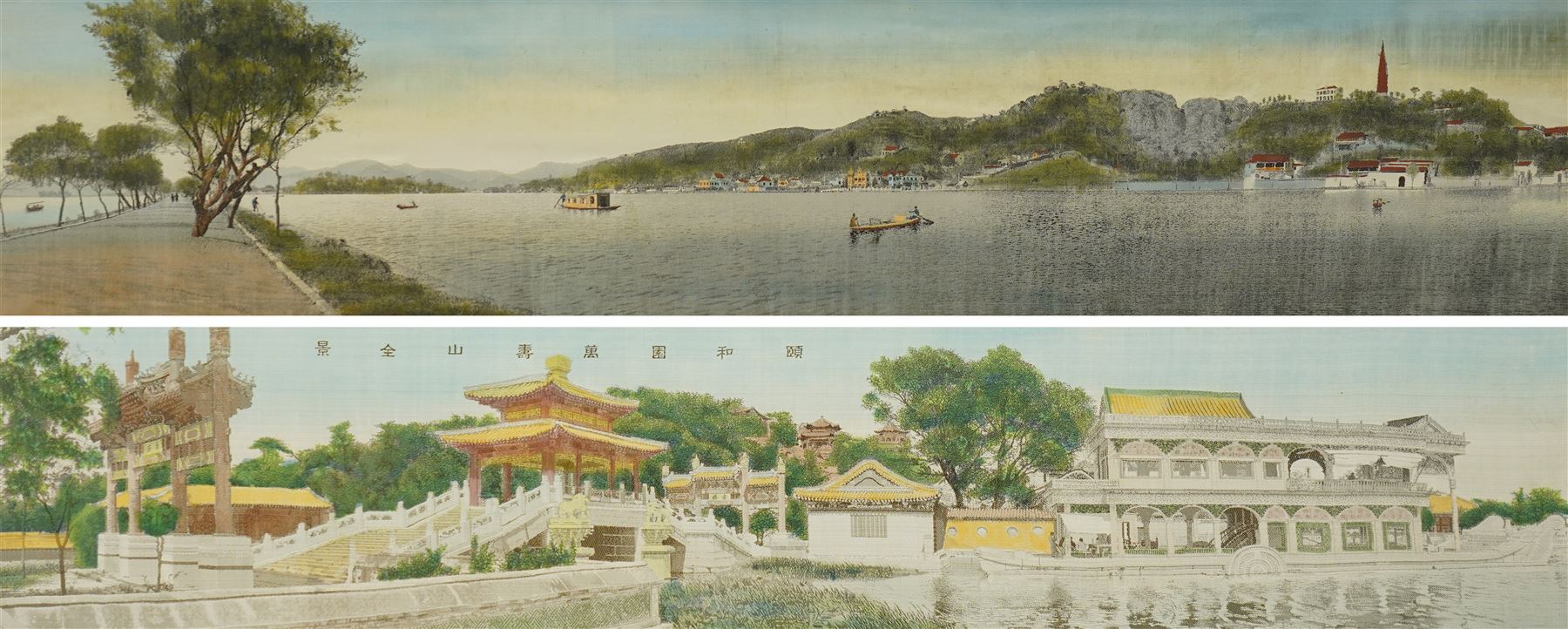 Workshop of Du Jinsheng (Chinese 1897-1943): 'Panorama of Inner West Lake Hangzhou', early 20th century woven silk panel, together with another similar 'Panoramic View of Kunming Lake - Summer Palace', by the Chi Won Lit Weaving Company, Shanghai, housed in matching ebonised frames 24cm x 120cm (2)