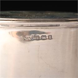 Victorian silver baluster mustard pot with engraved decoration London 1844, pair of silver oval salts and matching mustard  Birmingham 1918 and a circular mustard pot