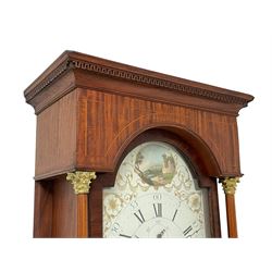 Thomas Greaves of Newcastle - late 18th century 8-day mahogany longcase clock c1790, with a flat topped hood and break arch hood door flanked by pilasters with Corinthian capitals, trunk with canted corners and ogee spire topped trunk door, rectangular plinth on a decorative stepped base,  early painted dial with raised gesso spandrels and a painted oval landscape to the arch, with matching steel hands, Roman numerals, five minute Arabic's and minute markers, subsidiary seconds dial and calendar aperture,  dial pinned via a cast falseplate to a rack striking movement with a recoil anchor escapement, striking the hours on a bell. With pendulum and weights.