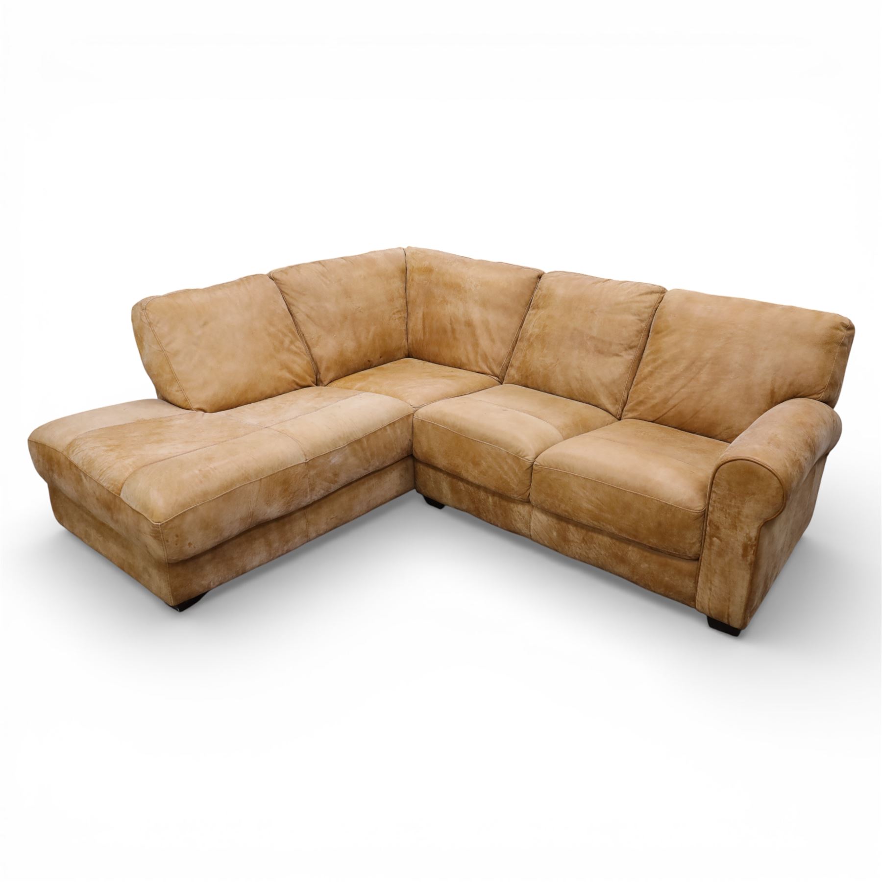 Barker & Stonehouse - 'Houston' brown leather corner sofa with left facing chaise sofa, fixed cushions on dark stained wooden legs