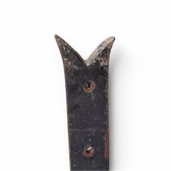 Antique wrought iron sign bracket, with strapwork scroll decoration and arrow form support, in weathered black painted finish