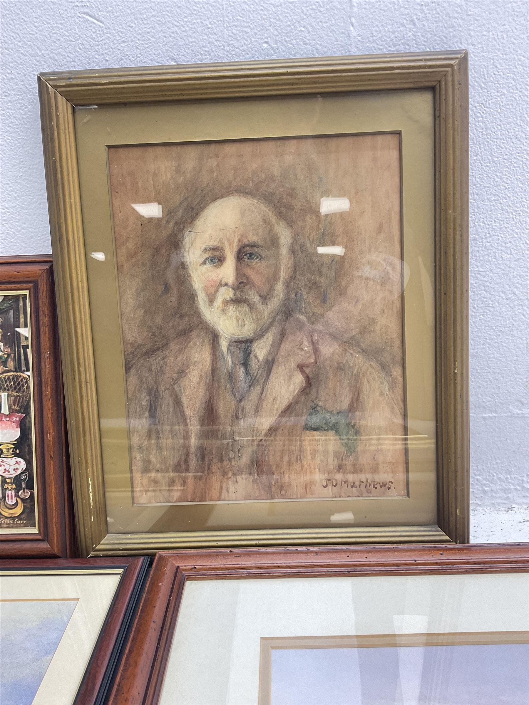 JD Mathews (Early 20th century): Portrait of a Bearded Gentleman, watercolour signed, together with three East Asian watercolours and further prints 