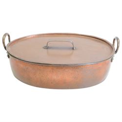 19th century copper twin handled oval fish kettle and cover, H24cm, L64cm 