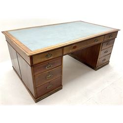 19th century mahogany twin pedestal partners desk, leather inset top, eighteen graduating drawers, plinth base