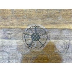 'Woodpeckerman' - Yorkshire oak rectangular coffee table by Stan Dodds, carved central rose, stretcher base, carved Woodpecker motif to the leg 