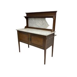 Edwardian mahogany washstand, raised marble back and marble top, fitted with panelled cupboards, on square tapering supports