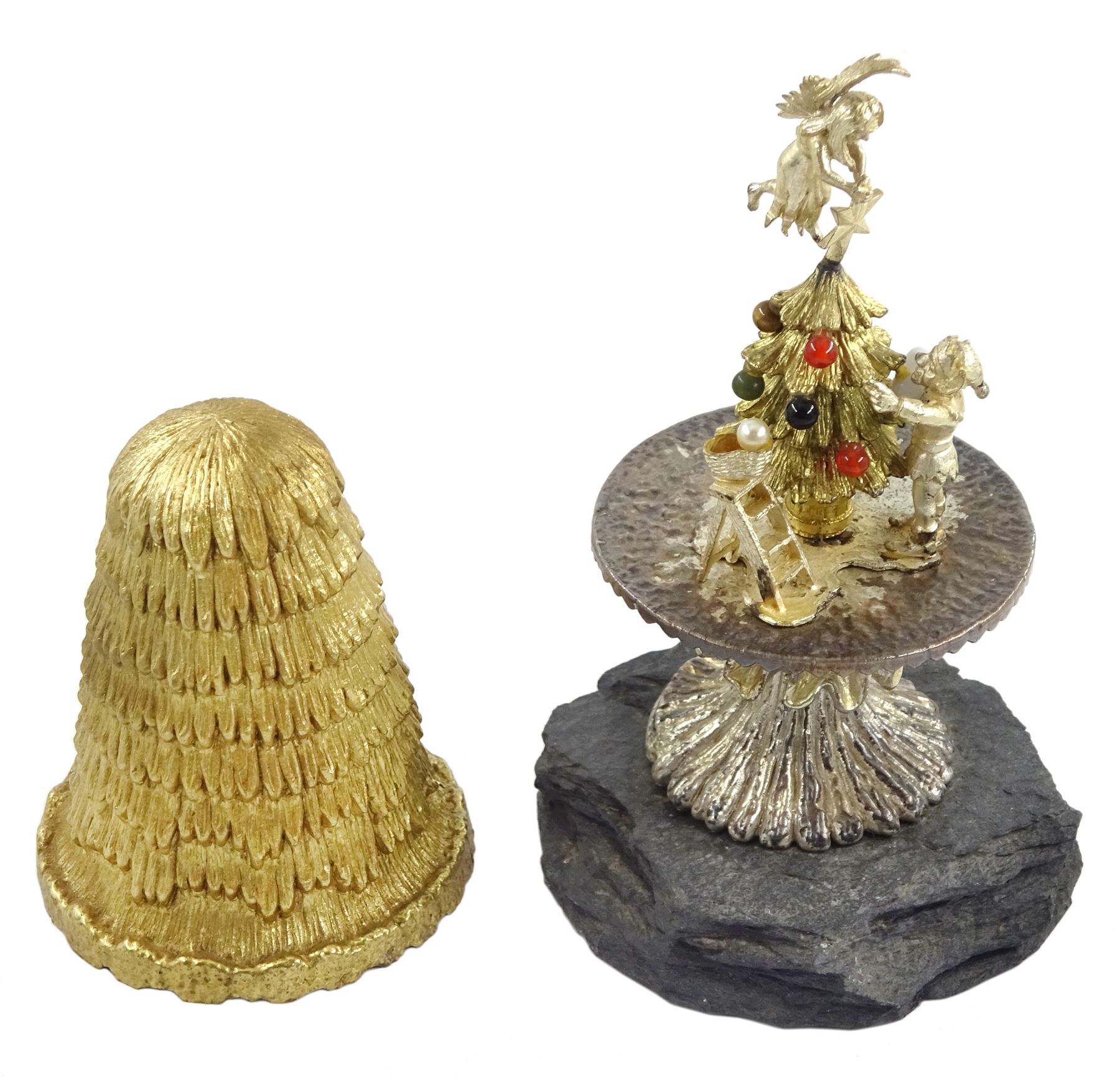 Christopher Nigel Lawrence limited edition silver and parcel gilt surprise mushroom, the textured domed cover opening to reveal two elves decorating a semi-precious gem set Christmas tree, upon a slate base, no 100/250, hallmarked Christopher Nigel Lawrence, London 1980, overall H9cm