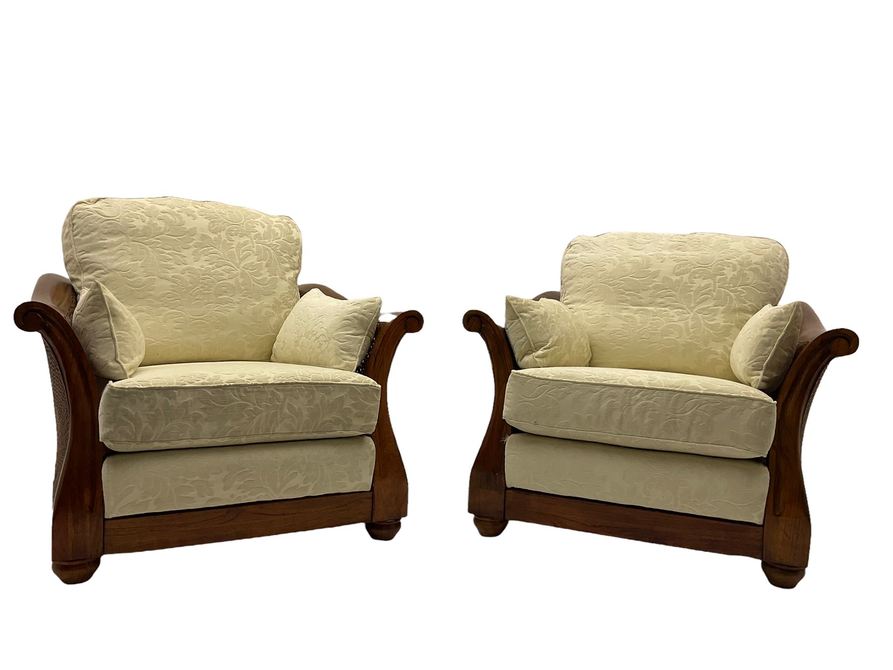 Multi-York - Hardwood framed bergère lounge suite, three seat sofa (W204cm), and pair matching armchairs (W90cm), upholstered in cream floral pattern fabric 