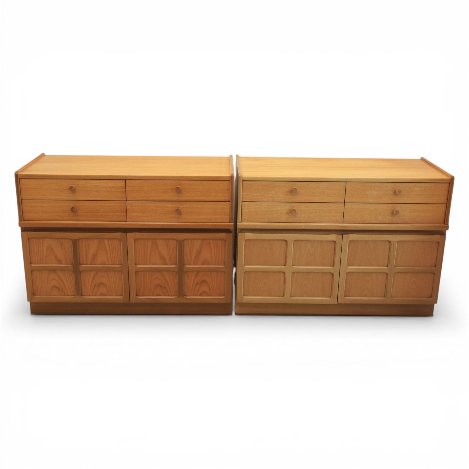 Nathan - pair of sideboards, rectangular top over four short drawers, above signature square panelled cabinet doors on a recessed plinth base