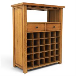 Traditional design light oak wine server, rectangular overhanging top above an open undert...