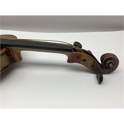 Late 19th century French three-quarter size 'Conservatory' violin with 34cm two-piece maple back and ribs and spruce top, the peg box inscribed 'Conservatory Violin Straduari', bears label 'Antonius Stradiuarius Cremonensis Faciebat Anno 1721' L55.5cm overall; in ebonised wooden 'coffin' case; and Saxony violin c1900 with 36cm two-piece maple back and ribs and spruce top; bears label 'Antonius Stradivarius Cremonensis Faciebat Anno 17**' L59cm overall; in carrying case (2)