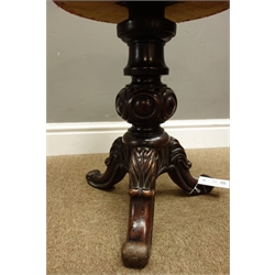  Victorian walnut revolving piano stool, turned column with three carved supports, H47cm   