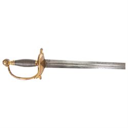 British heavy cavalry officer's sword, 1796 pattern by Thomas Osborn, the 82cm straight double edged blade with central fuller engraved to both sides, with gilded brass boat shaped guard, grip of silver foil over wooden former, within a steel scabbard with twin suspension rings, overall L106cm
