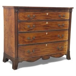 19th century mahogany bow fronted chest, the moulded top over four long cock-beaded drawer...