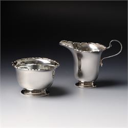 Silver sugar bowl and matching cream jug with crimped rims Birmingham 1938 Maker Adie Bros.