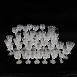 Stuart Crystal Mansfield pattern drinking glasses, including hock glasses, sherry glasses and wine glasses, together with a matching water jug (42)