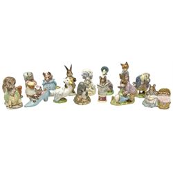 Fifteen Beswick Beatrix Potter figures, comprising Tommy Brock, The Old Woman who live in a Shoe, Samuel Whiskers, Foxy Whiskered Gentleman, Old Mr Brown, Mr Benjamin Bunny and Peter Rabbit, Tailor of Gloucester, Goody Tiptoes, Mr Benjamin Bunny, Diggory Diggory Delvet, Jemima Puddleduck, Aunt Pettitoes, Hunca Munca, Rebeccah Puddle-Duck, and Lady Mouse. 