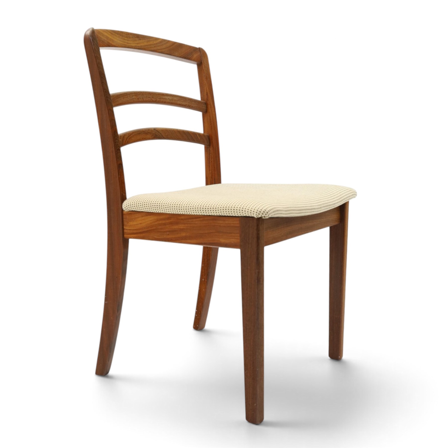 G-Plan - set of four mid-20th century teak 'Fresco' dining chairs, low ladder back on seats upholstered in chequered fabric, on square tapering supports