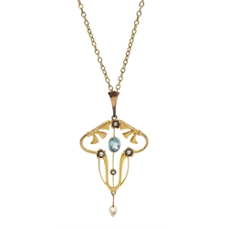Edwardian 9ct gold blue topaz and seed pearl pendant, on 13ct gold chain necklace with clasp stamped 9ct