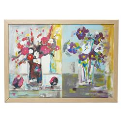 William Selby (Northern British 1933-): Still Life of Flowers and Abstract Tabletop, two oils on board painted recto and verso, the latter signed 41cm x 58cm