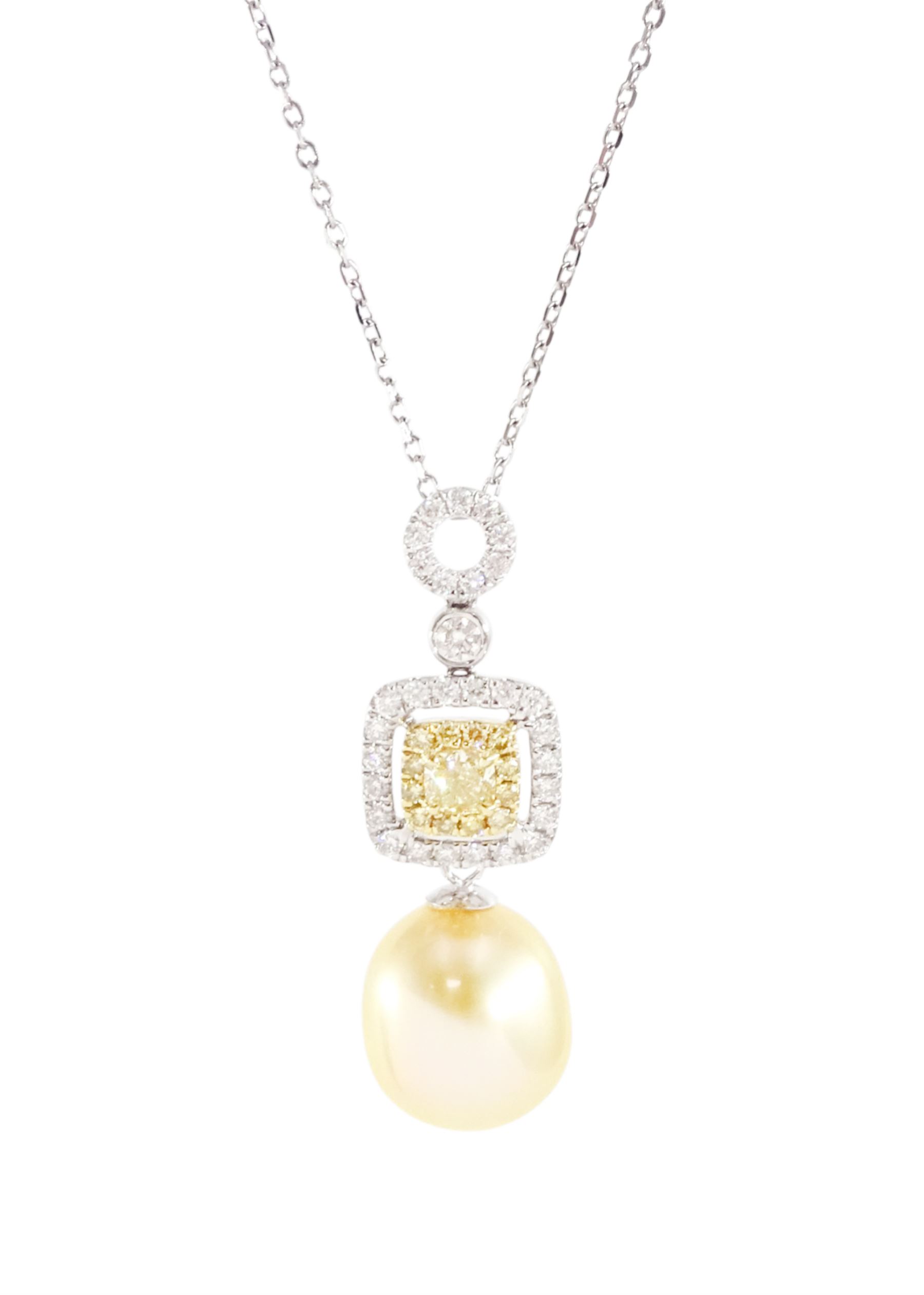 18ct white gold pearl and diamond pendant necklace, single yellow cultured pearl suspending from a cluster of cushion cut and round brilliant cut fancy yellow gold diamonds and white diamond surround, total diamond weight approx 0.50 carat