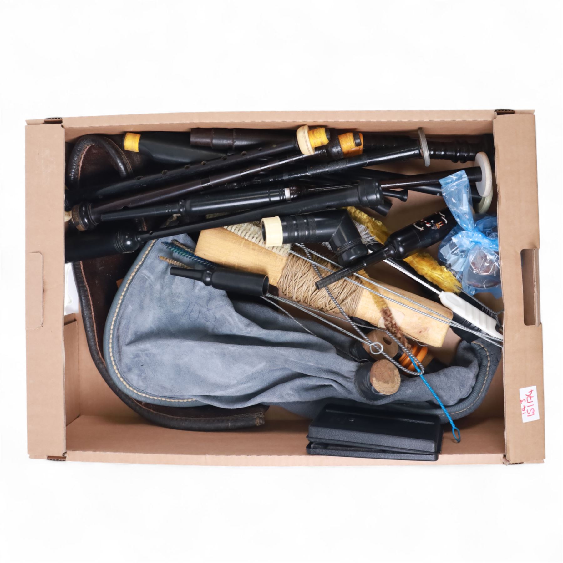 Set of late 20th century silver mounted bagpipes, the turned ebonised hardwood drone rods with Celtic knot and stipple engraved silver collars and ivorine mounts, hallmarked Bernie Leigh, Birmingham 1991, with R.G Hardie Glasgow plastic chanter and bag in green and blue Armstrong tartan, contained within a plush lined hard case, with a collection of spare reeds, drone rods, chanter, bags, cleaning accessories and other accessories 