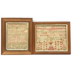  George III sampler worked with the alphabet and verse by Ann Davison aged 12, dated 1810 in glazed oak frame, 18cm x 23cm and a similar sampler worked by Mary Cook aged 9, dated 1840, 28cm x 23cm   