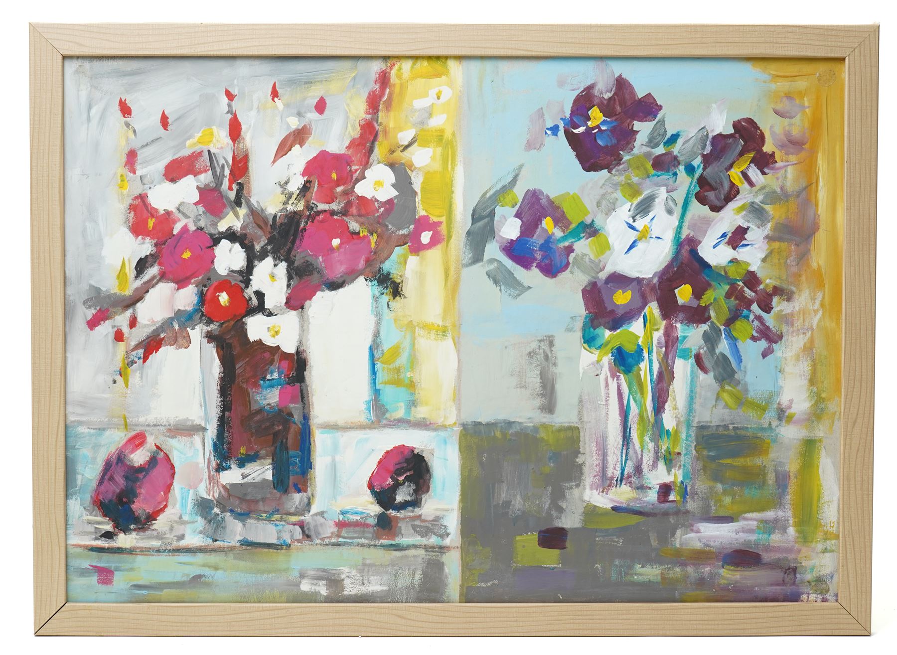 William Selby (Northern British 1933-): Still Life of Flowers and Abstract Tabletop, two oils on board painted recto and verso, the latter signed 41cm x 58cm