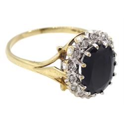 9ct gold oval cut sapphire and diamond cluster ring, hallmarked