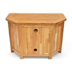 Oak corner television or media stand, fitted with adjustable shelves 