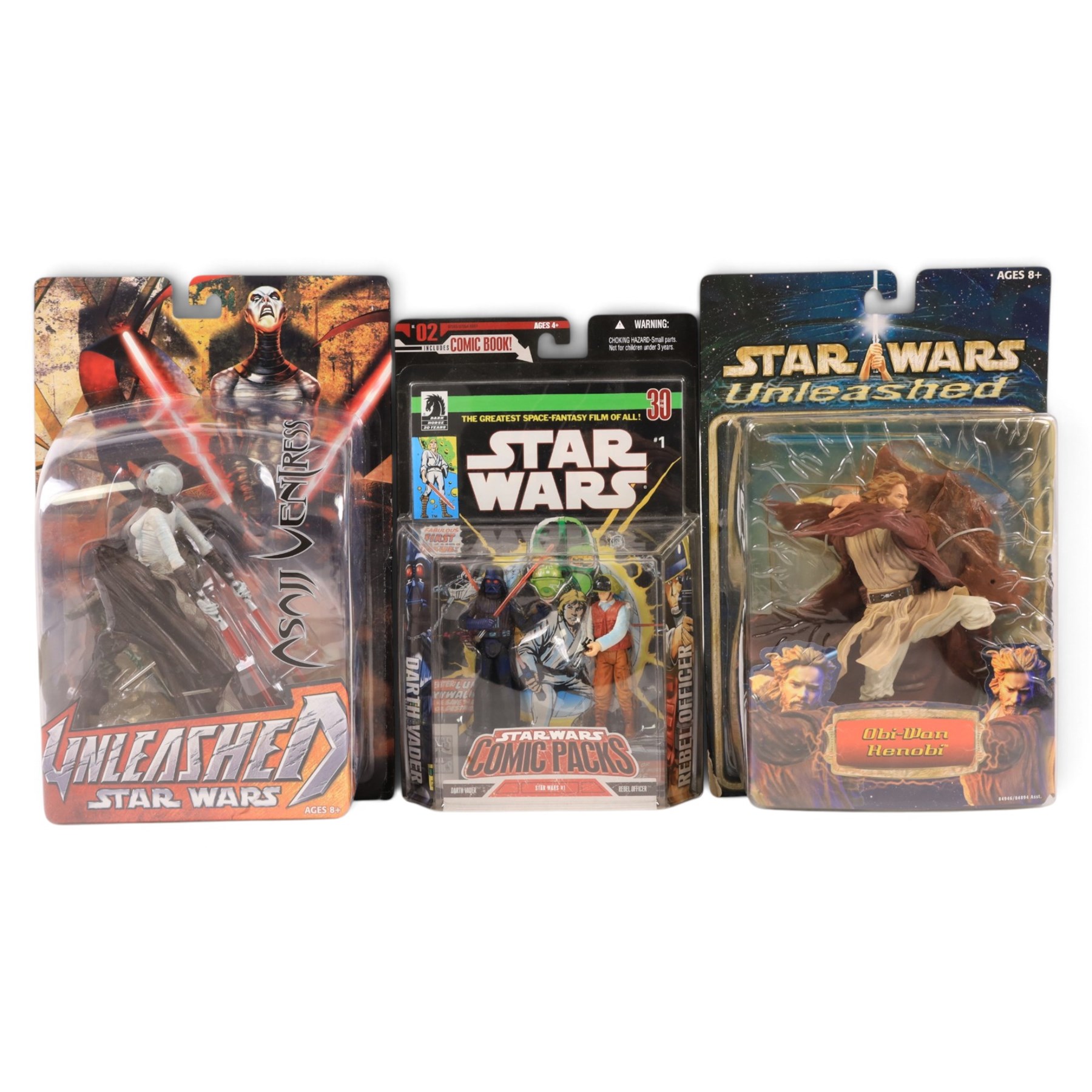 Collection of modern Star Wars figures and vehicles, comprising Kenner Landspeeder, Kenner Caccia Tie (Tie Fighter), Hasbro The Saga Collection Mace Windu's Jedi Starfighter, Hasbro Revenge of the Sith Grievous' Wheel Bike, Hasbro Episode I Sebulba's Podracer, two Hasbro Revenge of the Sith figures Darth Vader and Emperor Palpatine, two Hasbro 500 Darth Vader figures, hasbro Star Wars #1 comic pack, Hasbro Star Wars Celebration III, Unleashed Asajj Ventress and Obi-Wan Kenobi and Issue #1 of the DeAgostini Star Wars Figurine collection magazine, all boxed