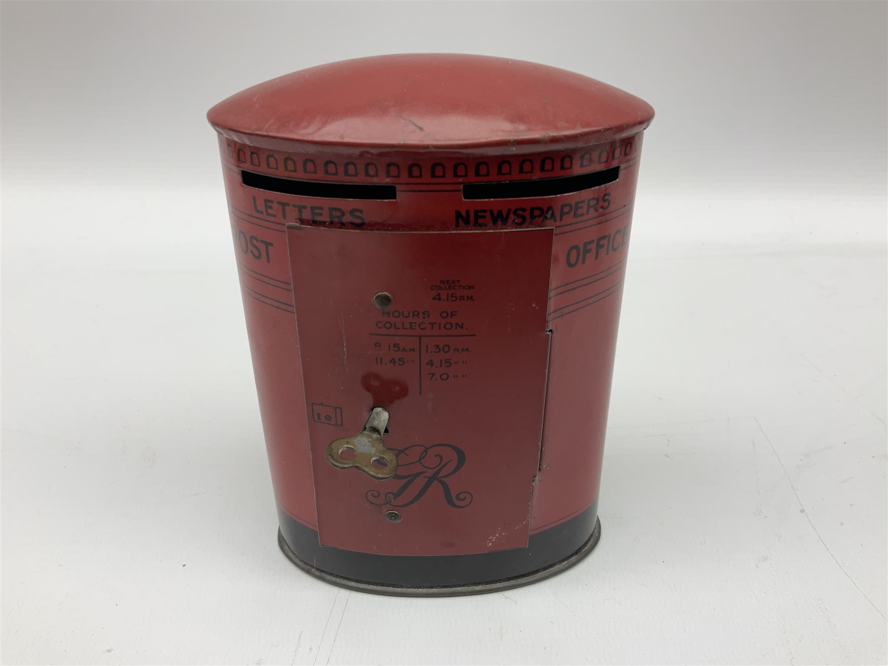 Collection of tin plate money boxes in the form of Royal Mail post boxes, to include four Chad Valley examples, one with key and others similar,  marked VR, GR and ER (10)