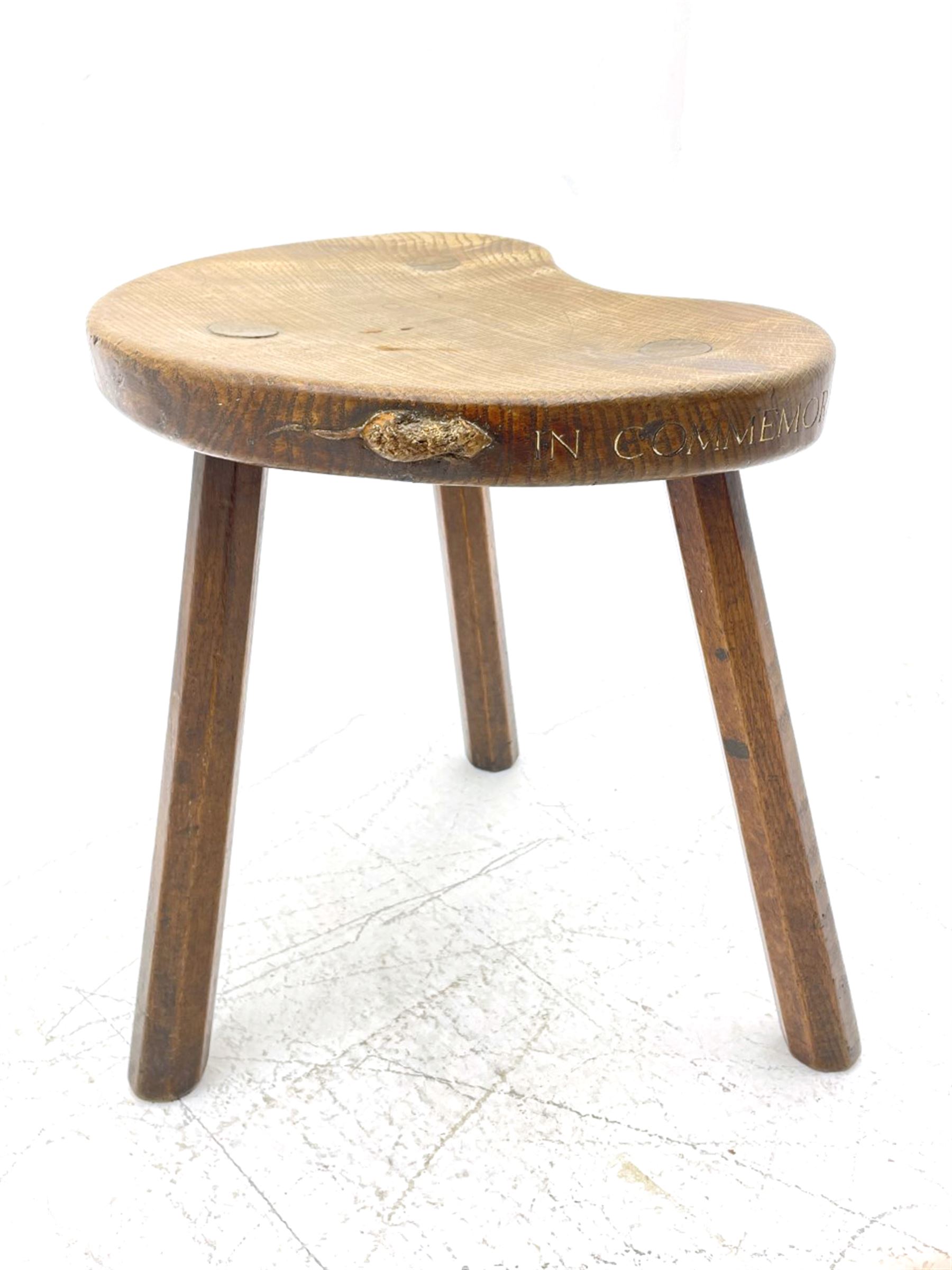 'Mouseman' early 1960s oak stool, dished kidney shaped seat inscribed on edge 