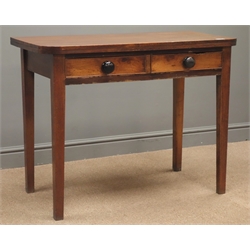  19th century mahogany folding tea table with two drawers and square tapering legs, W98cm, H77cm, D96cm  