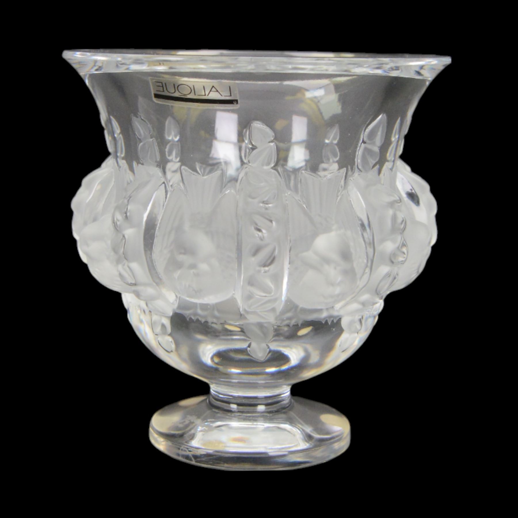 Lalique Dampierre vase, designed by Marc Lalique, of campana form, decorated in relief with sparrows and flowers upon a circular base, signed to base, H12cm